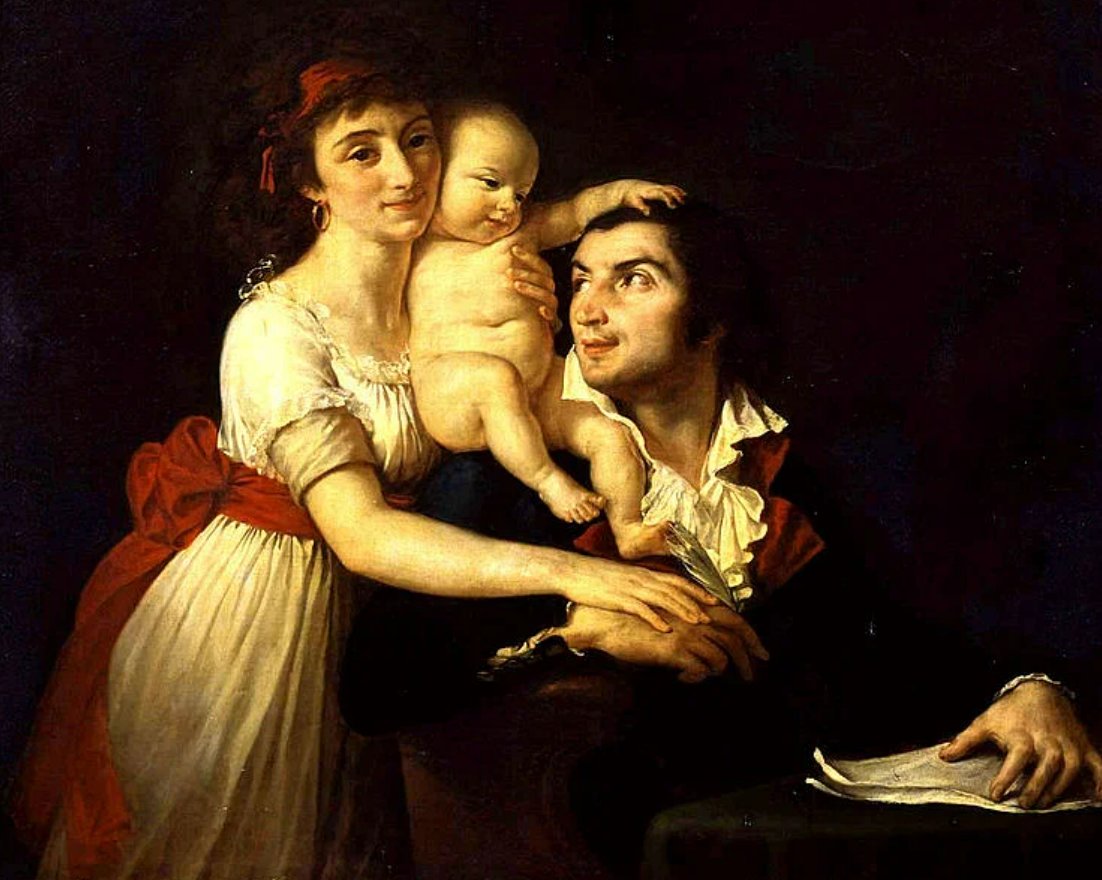 French Revolutionary journalist Camille Desmoulins (1760-1794) spends time with his wife Lucille (1771-1794) and child Horace-Camille (1792-1825), oil on canvas, formerly attributed to Jacques-Louis David, c. 1792.

worldhistory.org/image/16812/th… 

#InternationalDayOfFamilies