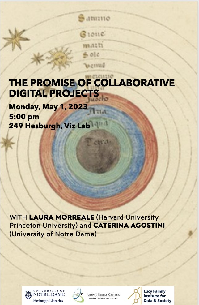 "The Promise of Collaborative Digital Projects" with Laura Morreale @LauraMorreale and Caterina Agostini. Join us tomorrow, May 1, 5:00-6:00 pm, Hesburgh 249, Viz Lab
<a href="/NotreDame/">University of Notre Dame</a> <a href="/NDLibraries/">Hesburgh Libraries</a> <a href="/NavariFamilyCDS/">Navari Family Center for Digital Scholarship</a> <a href="/NDReillyCenter/">ND Reilly Center</a> <a href="/lucy_institute/">Lucy Family Institute for Data & Society</a> #Medieval #RenTwitter #DigitalHumanities