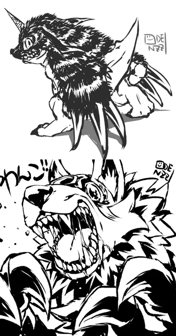 #今月描いた絵を晒そう #デジモン #fanart  黒ガブルガモンベタモドキベタエビドラメルクリ～～～モン!