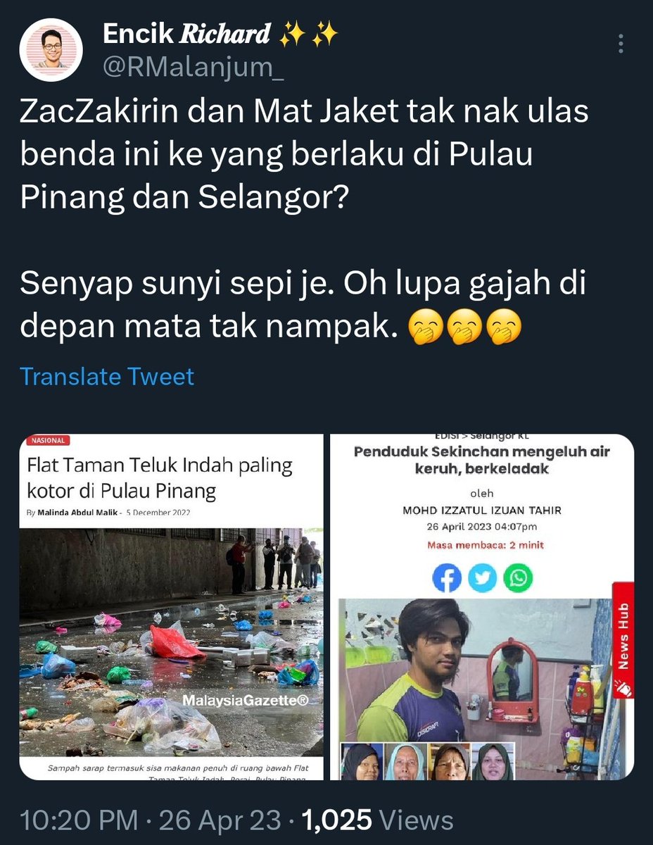 Mat_Jaket's tweet photo. Kalau tak ada angin, masakan pokok BERGOYANG!🤣

Nama aku dan @ZacZakirin13 akhirnya dipetik oleh pihak sebelah sana selepas tweet kitorang pasal walaun-walaun di Kelantan dan Kedah beberapa hari lepas mendapat 1.3 - 1.7 juta views di Twitter sehingga dibawa masuk ke Facebook, TikTok, Telegram dan WhatsApp.

Berdasarkan segala respon daripada rakyat Kedah dan Kelantan sendiri di tweet tersebut, majoriti mereka setuju dengan pandangan kitorang. Jadi, tak terkejutlah kenapa pihak sebelah sana hidup tak tenteram dan gundah-gelana!🤭

1. Merujuk kepada isu flat Taman Teluk Indah paling kotor di Pulau Pinang, itu adalah di kawasan perumahan sahaja, bukan di tempat-tempat awam yang terbuka di mana sampah-sarap dibuang merata-rata di tepi jalan, depan kedai-kedai dan sebagainya sehingga mencemarkan imej negeri tersebut. Kerajaan negeri juga dah melakukan pelbagai cara untuk menyelesaikan masalah tu. Yang paling penting, usaha kerajaan negeri itu ada daripada membiarkannya terus melarat.

2. Isu air keruh dan berkeladak di Sekinchan, setelah sekian lamanya Selangor tidak ada isu air, ni yang terbaru. Menunjukkan betapa efisien dan cekapnya kerajaan negeri Selangor dalam menguruskan isu air di negeri ni.

Isu air di Sekinchan ni berlaku pada 26 April 2023 dan Air Selangor telah menyelesaikan masalah tersebut dalam masa 48 JAM SAHAJA. Saya ulang, 48 JAM SAHAJA. Saya ulangggg sekali lagi, 48 JAM SAHAJA. Apa yang selalu dilakukan oleh pihak Air Selangor?

a) Memberi notis untuk menyelesaikan isu air di kawasan tersebut

b) Menyatakan tempoh masa diperlukan untuk menyelesaikan isu air tersebut dan bila ia akan kembali pulih

c) Sentiasa memberi perkembangan mengenai pembaikanpulih kepada penduduk-penduduk di situ

Tempoh masa diperlukan untuk Air Selangor menyelesaikan isu tersebut : 48 JAM SAHAJA, BUKAN 33 TAHUN. Saya ulangggg! 48 JAM SAHAJA, BUKAN 33 TAHUN!😂