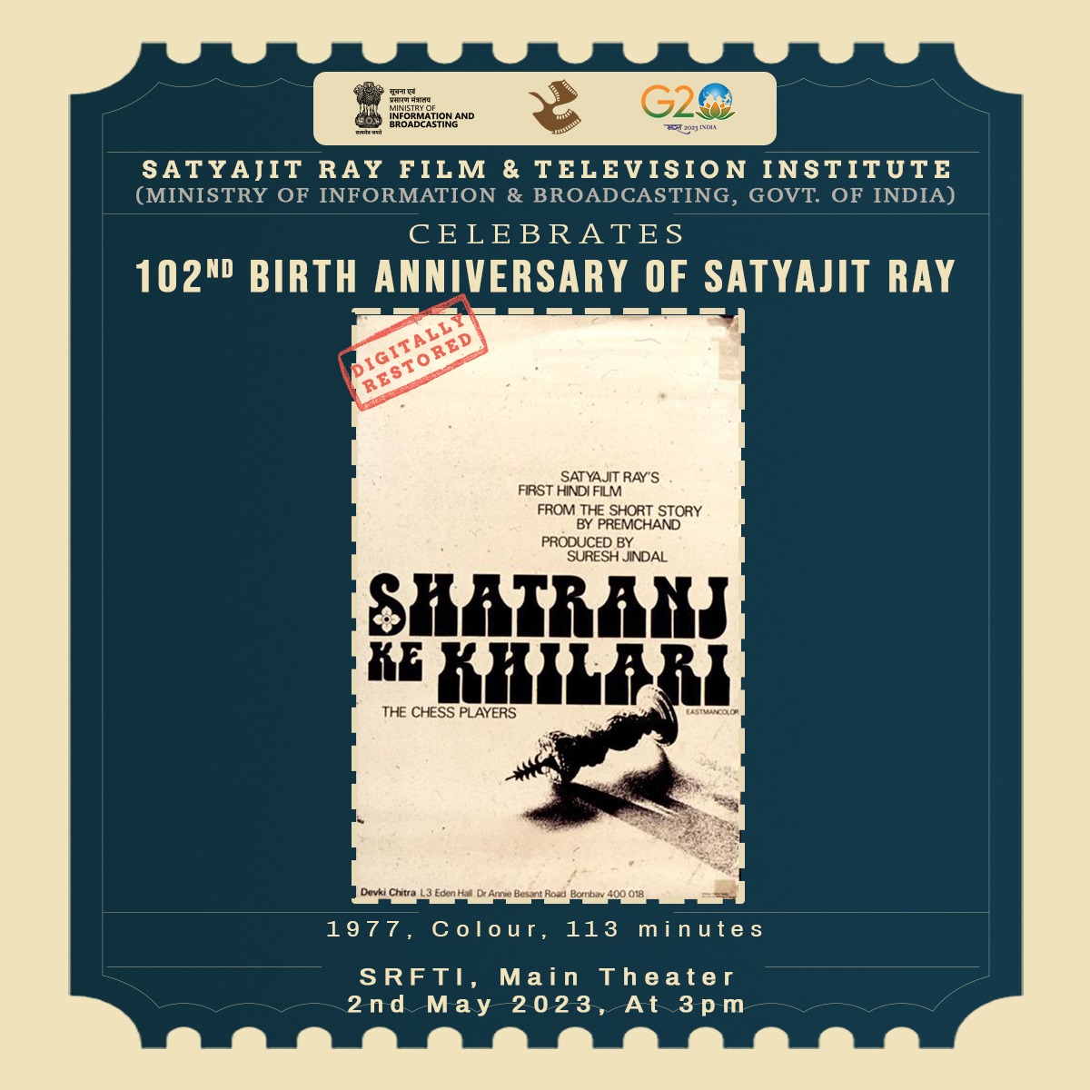 srfti_official's tweet photo. Mark your calendar for 2nd May as #SRFTI celebrates the 102nd birth anniversary of Satyajit Ray with a special screening of the restored version of 'Shatranj Ke Khilari'. Don't miss this chance to experience the cinematic brilliance of a true master.#RAYTODAY #ShatranjKeKhilari https://t.co/IshYH6J9Ij