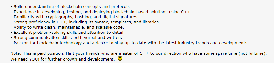 pdn_pandanite's tweet photo. Hello! 📢

We're looking for a skilled C++ developer with experience in blockchain tech to join our team:

Please send any inquiries to pandanite@pandanite.com ...  J-T | https://t.co/UWB1BhYQn7 J-T#6969 on DC or Average Joe | Shifu | f10

#lookingfordev #pdn #Crypto #crypto https://t.co/y2gftnVQec