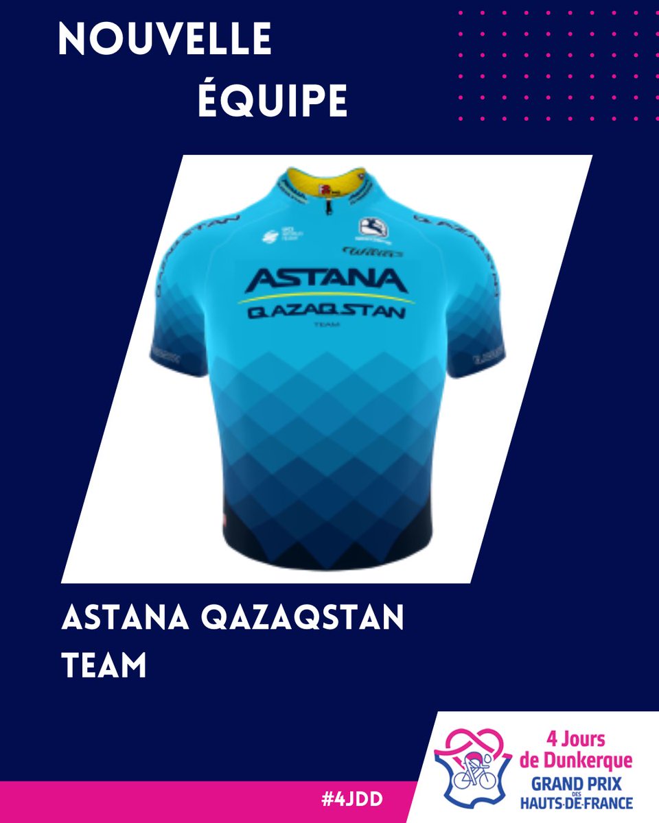 ⚠️ ATTENTION ⚠️ 
Une vingtièmes équipe vient s’ajouter sur la ligne de départ et pas n’importe quelle équipe, une Worldtour, @astanaqazaqstanteam ! 
8 équipes Worldtour seront au départ de cette 67eme édition des 4 Jours de Dunkerque - Grand Prix des Hauts-de-France. 

#4jdd