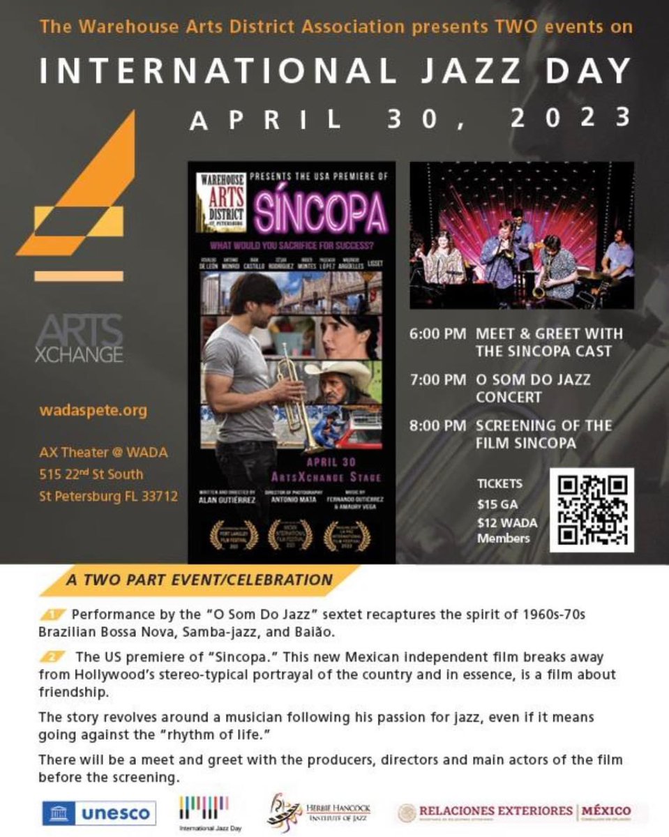 ConsulMexOrl's tweet photo. ¡The Warehouse Arts District Association, les invita a la premiere de la película SINCOPA, dirigida por el cineasta mexicano Alan Gutierrez!

🗓️ 30 de abril ,6:00 pm 
📍 AX Theater 515 220d St South
St Petersburg FL 33712

¡No se lo pierdan! https://t.co/WVOEJ3Uw3N