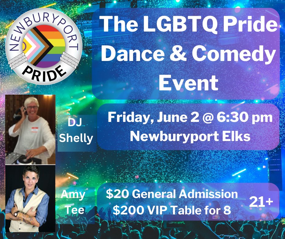 Only 1 VIP Table left, and general admission tickets are going fast! Click on the link below for your tickets before they're sold out!   Bring your friends and celebrate Newburyport Pride!
eventbrite.com/.../the-lgbtq-…...
#newburyportpride #nbptpride #prideevents #pridedance #amytee