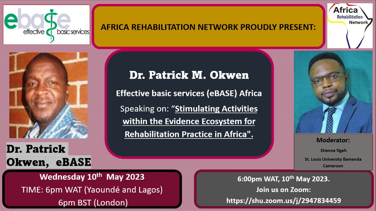 Join <a href="/okwen/">Okwen P Mbah</a> on Wednesday 10th May on the talking point: "Stimulating activities within the Evidence Ecosystem for Rehabilitation Practice in Africa " , at 5pm (GMT) .

Join the zoom call here bit.ly/41X4DyQ

<a href="/TransformUre/">Transforming Evidence</a> <a href="/Africa_evidence/">AEN</a> <a href="/CampbellReviews/">The Campbell Collaboration</a> <a href="/gin_member/">GIN Member</a>