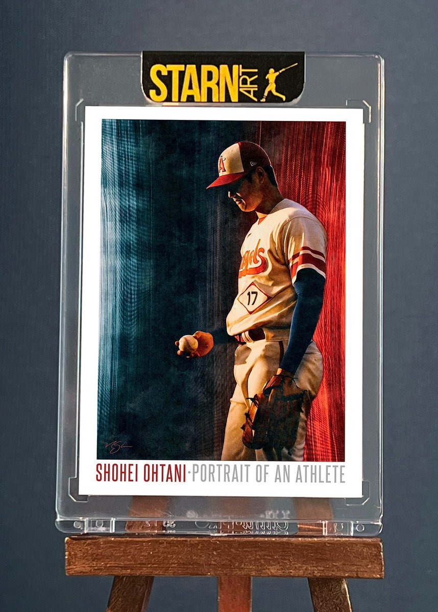 nickstarnart's tweet photo. Shohei Ohtani #cardart #giveaway! ⚾️This card is included in my Portrait of an Athlete art series. I’m only printing five of each card. Please follow and retweet this post to win! I’ll pick a random winner tomorrow morning. https://t.co/ewwFXs8COV