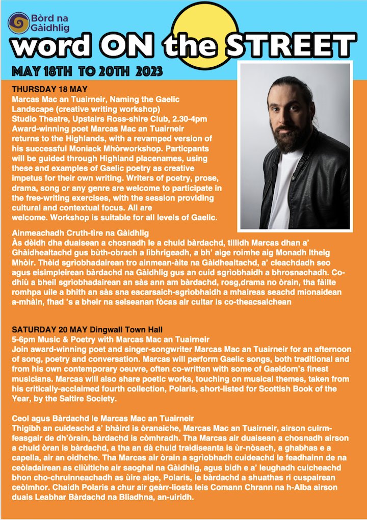 Dingwall's annual FREE spoken-word festival hosts its first Gaelic Artist in Residence--award-winning poet &amp; singer-songwriter <a href="/Marcas_Mac/">Mark Spencer Turner</a> conducting a Gaelic creative writing workshop on 18 May &amp; performing his music &amp; poetry on 20 May. Join us! bit.ly/3AMvrpb