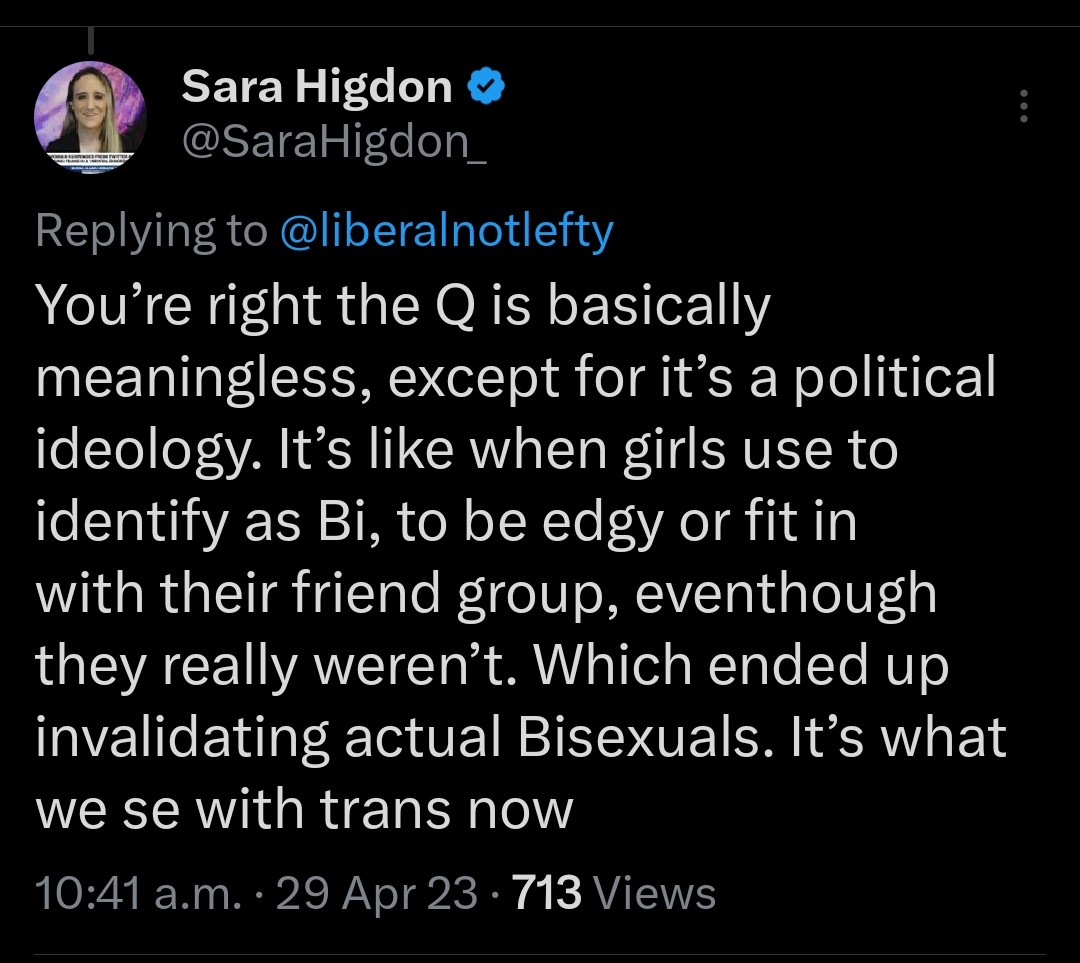 GCBiphobia's tweet photo. As an actual Bisexual: keep us out of your bigotry Sara.
And if someone identifies as bisexual to try it on if you will and later decides they're straight?
As an actual bisexual idgaf because it doesn't invalidate me or my sexuality in the slightest. https://t.co/XAfS3SlI62