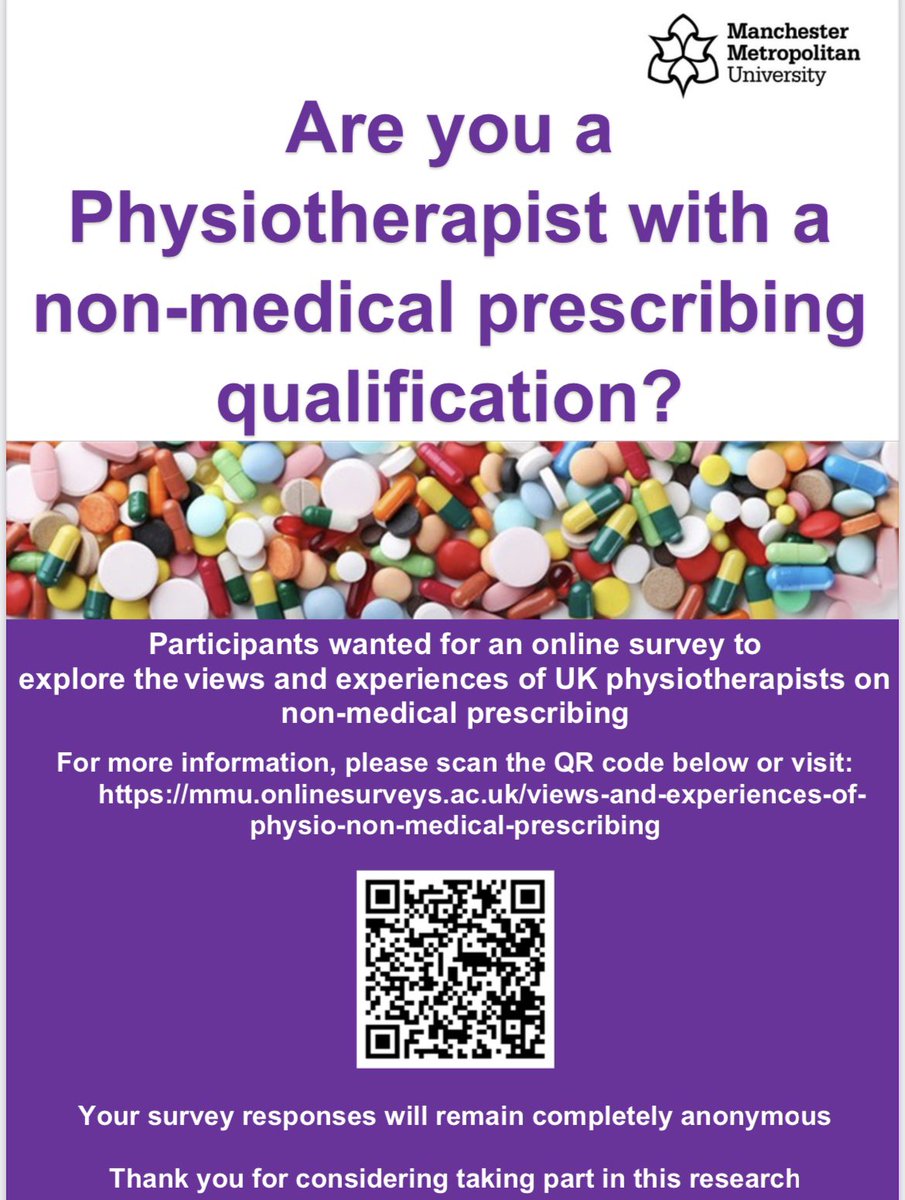 📢📢NON-MEDICAL PRESCRIBING SURVEY 💊💉
Looking for Independent Physiotherapy prescribers to complete this 5 minute anonymous survey to help improve Physiotherapy prescribing across the UK 🇬🇧⬇️

mmu.onlinesurveys.ac.uk/views-and-expe…

#nonmedicalprescribing
#independentprescribing
#research