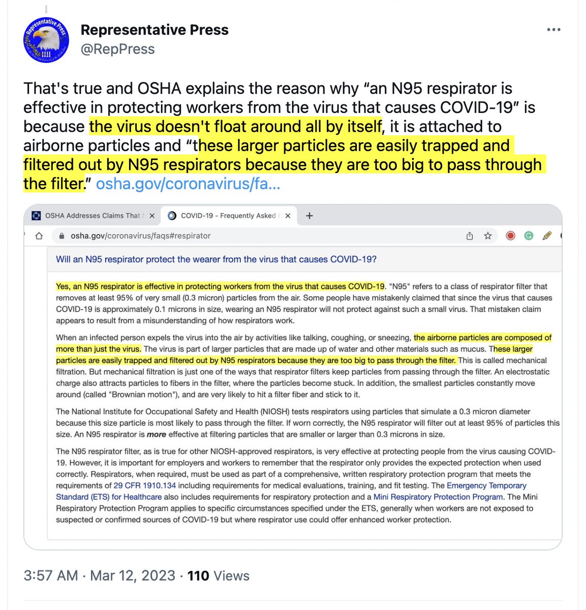 RepPress's tweet photo. @stkirsch OSHA explains the reason why βan N95 respirator is effective in protecting workers from the virus that causes COVID-19β is because the virus doesn't float around all by itself, it is attached to airborne particles and βthese larger https://t.co/7bSbS2NvZp https://t.co/lKFWCiqwlF