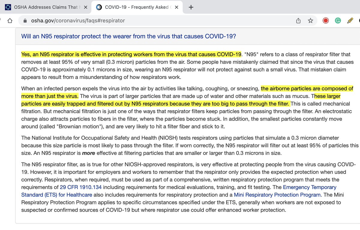 RepPress's tweet photo. @stkirsch OSHA explains the reason why βan N95 respirator is effective in protecting workers from the virus that causes COVID-19β is because the virus doesn't float around all by itself, it is attached to airborne particles and βthese larger https://t.co/7bSbS2NvZp https://t.co/lKFWCiqwlF