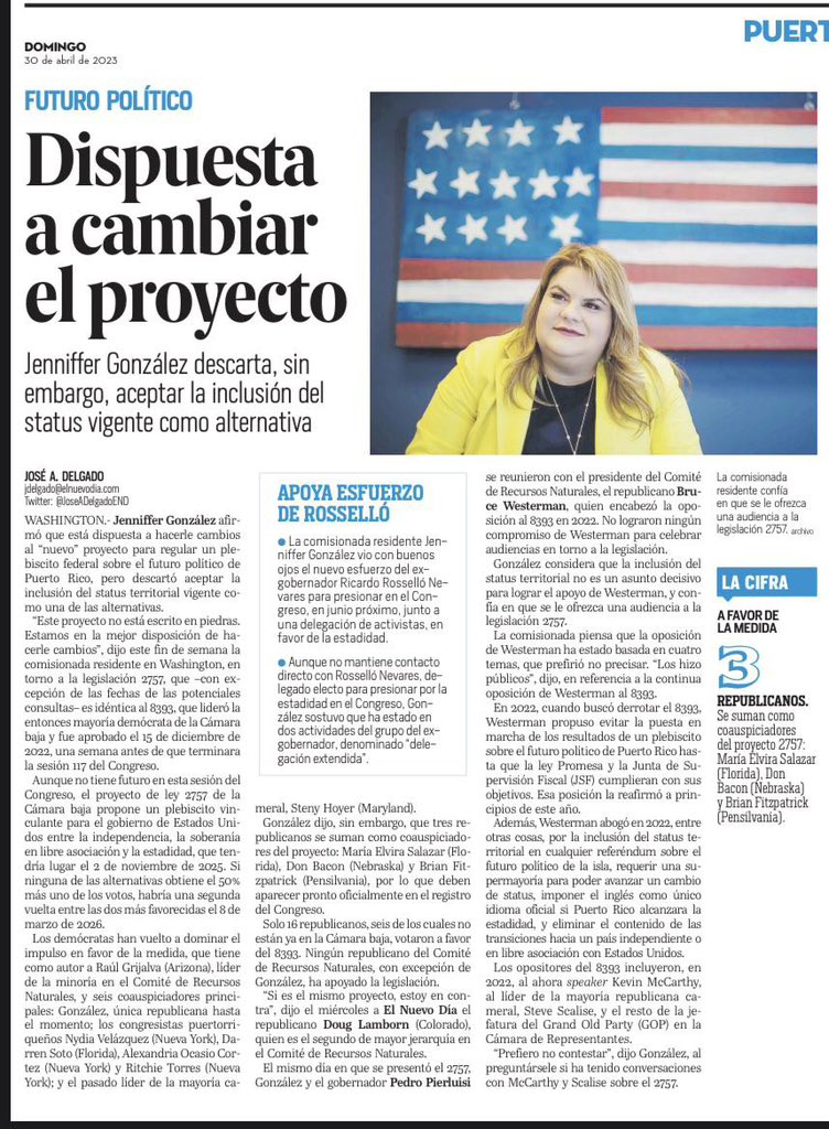 Jenniffer's tweet image. Nuestra lucha por la Igualdad, porque se cumpla el reclamo de Estadidad expresado por el pueblo de PR, continúa. Siempre he dicho que nada está escrito en piedra. Así lo demostré cuando radicamos el Puerto Rico Status Act, luego de casi un año de negociaciones.