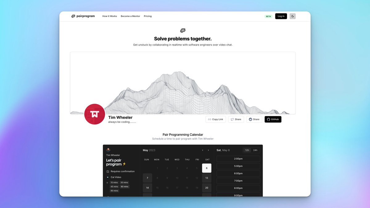 hashmapped's tweet image. added the new public-facing profile page to @pairprogram for users to share their availability to pair program with others

using the @calcom react embed lib, pretty slick!

set up some time to pair with me here: pairprogram.com/profile/timmyw…

#buildinpublic