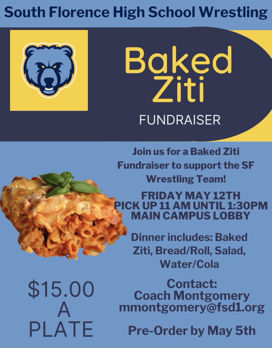 SFHSwrestles's tweet photo. Tell all your teachers and South Florence faculty and staff to join us on our baked ziti fundraiser. We are taking pre-orders up until Friday, May 5 and Meals will be passed out on Friday, May 12. Thank you for your support! https://t.co/bn2K1yp3X6