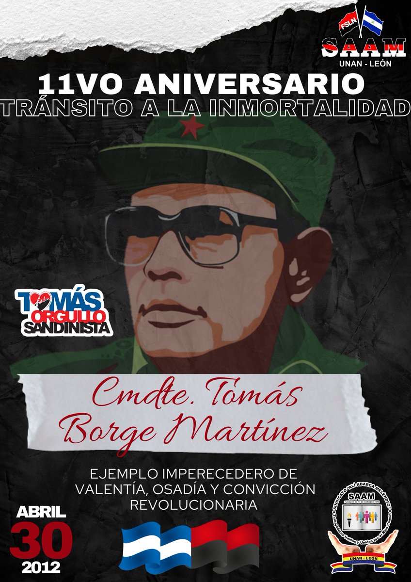 A 11 años del paso a otro plano de vida del Comandante Tomás Borge Martínez los y las nicaragüenses seguimos tu legado latente de lucha y lealtad. 

“La victoria nos pertenece, porque es la victoria del pueblo, y el pueblo es inmortal”

#TomásOrgulloSandinista ✊🏼🔴⚫🇳🇮