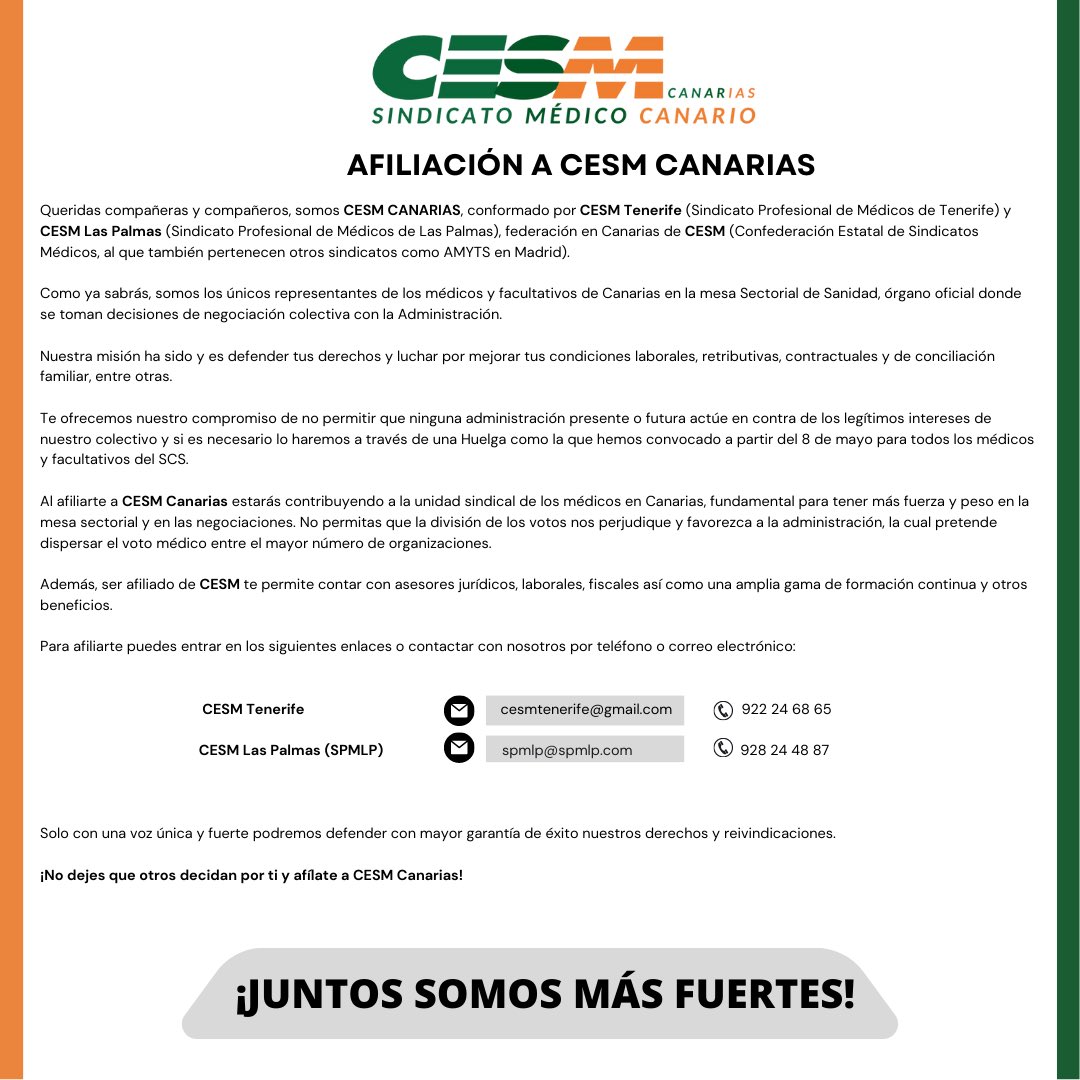 ¡Juntos somos más fuertes!

La publicación de hoy queremos dedicarla, a la posibilidad de que te unas a nosotros. 

Descubre las múltiples ventajas de afiliarte en CESM CANARIAS. 

Asesores jurídicos
Asesores laborales
Asesores fiscales
Formación continúa

Te estamos esperando.