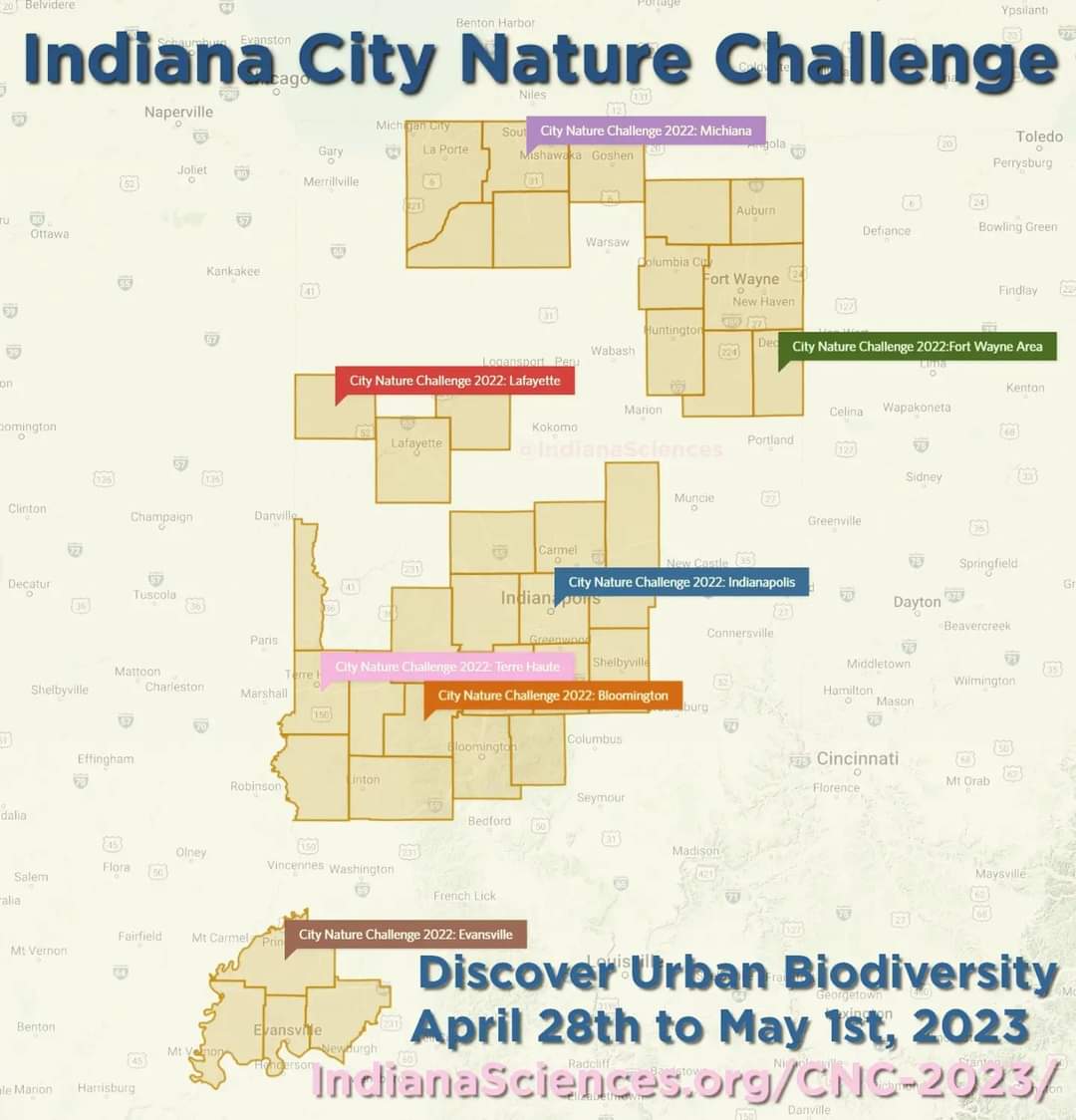 Indiana Sciences (@indianasciences) on Twitter photo The City Nature Challenge is happening now and you can participate all across Indiana!
Just follow 3 easy steps!
1) Install <a href="/inaturalist/">iNaturalist</a> on your phone
2) Join your city's project in app
3) Go outside from April 28th to May 1st and take pictures of Indiana's wildlife! The City Nature Challenge is happening now and you can participate all across Indiana!
Just follow 3 easy steps!
1) Install <a href="/inaturalist/">iNaturalist</a> on your phone
2) Join your city's project in app
3) Go outside from April 28th to May 1st and take pictures of Indiana's wildlife!