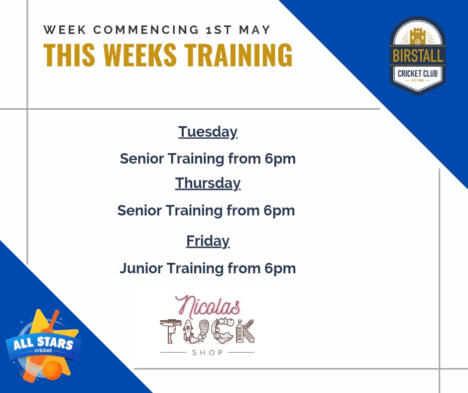 BirstallCricket's tweet photo. This weeks cricket training &amp; matches. Huge thanks to our sponsors!! #upthebcc https://t.co/7ePy29MbCC