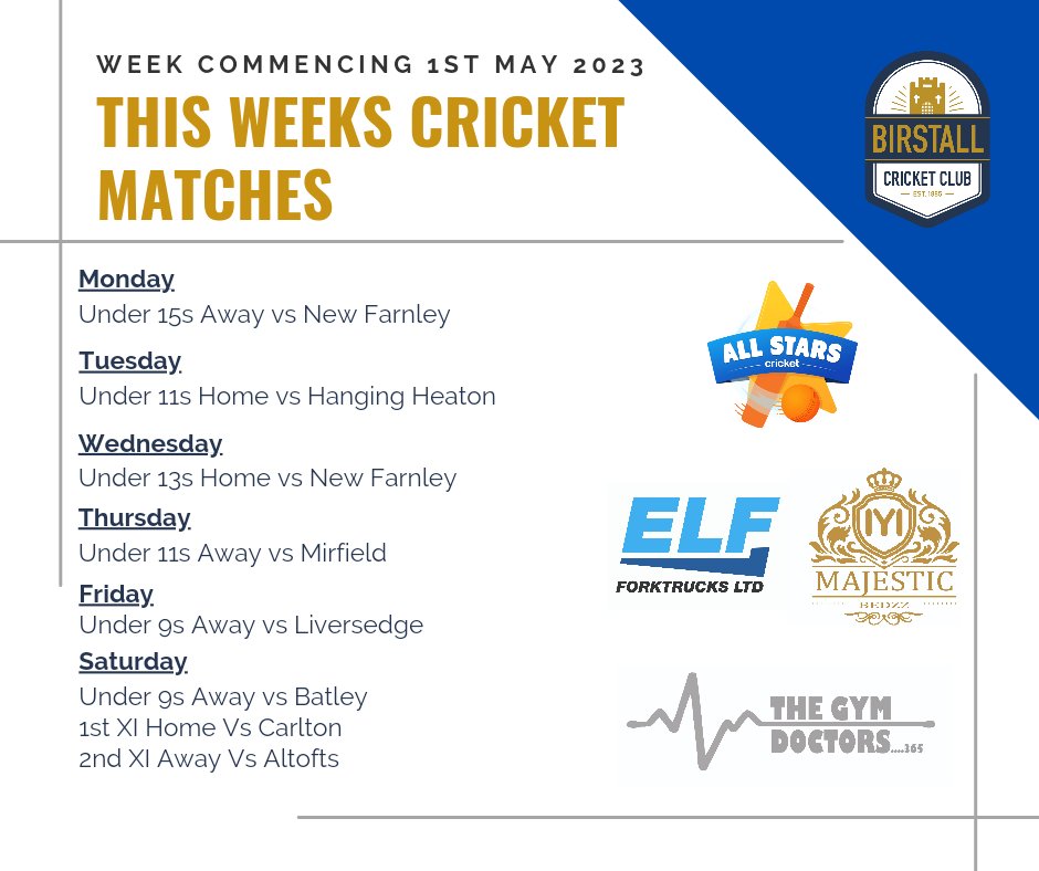 BirstallCricket's tweet photo. This weeks cricket training &amp; matches. Huge thanks to our sponsors!! #upthebcc https://t.co/7ePy29MbCC