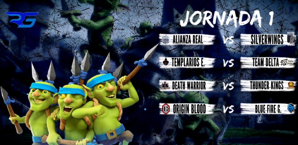 [#ClashRoyale] | #ArribaRL🔥 

Empezamos con la jornada 1 del grupo A, fuertes partidos que se vienen, suerte a todos!!!

<a href="/AlianzaRealCR/">ALIANZA REAL 🔱</a> 🆚 <a href="/SilverWings_es/">SilverWings Esport</a> 
<a href="/TemplariosEGS/">Templarios Esports</a> 🆚 <a href="/TDelta_CR/">Team Delta (Δ)</a> 
<a href="/DeathWarriorCR/">©®Death Warrior</a> 🆚 <a href="/ThunderKingscr/">Thunder Kings</a> 
<a href="/Originblood1/">Originblood</a> 🆚 <a href="/BFGAMING01/">Blue stars Gaming</a>
