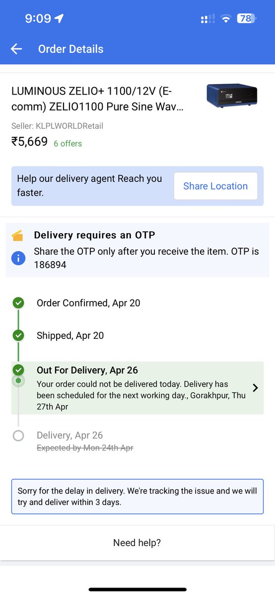 subhans_singh's tweet photo. What is this behaviour @flipkartsupport @Flipkart Also ordered same product 1 month ago then also after reaching nearest hub no ofd in 7 days then I cancelled and order again now repeating same . https://t.co/MkR5m0SXmR