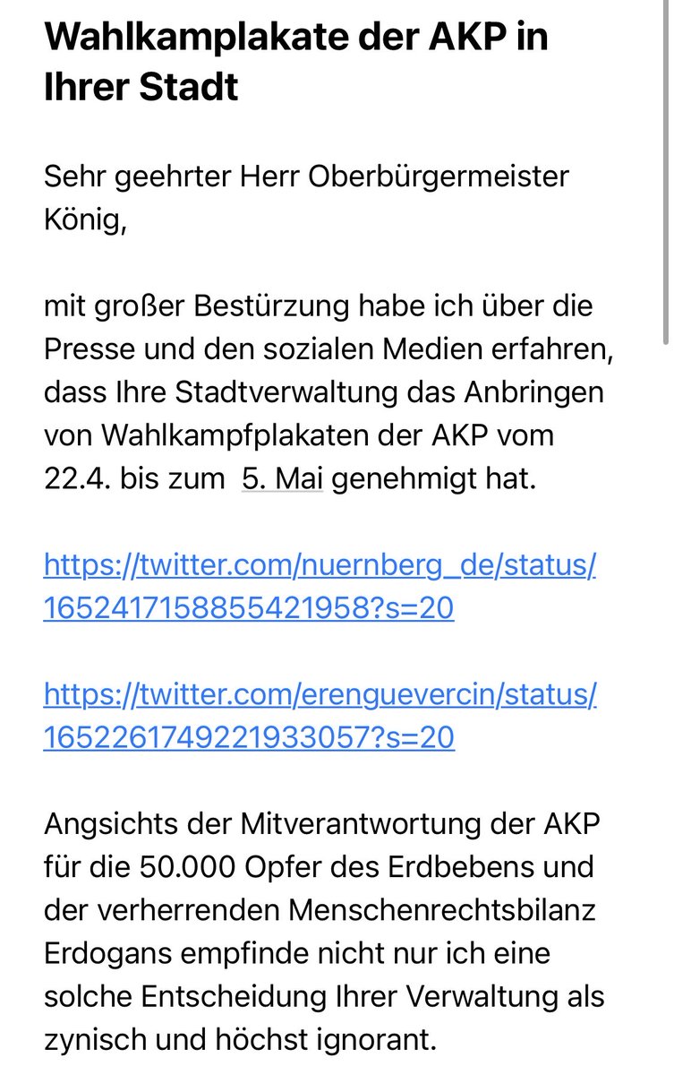 profcopur's tweet photo. Mein offener Brief an den Nürnberger OB ⁦@marcuskoenignbg⁩ angesichts der von seiner ⁦@nuernberg_de⁩ genehmigten AKP-Wahlkampfaktion
⁦@NancyFaeser⁩ ⁩@BozogluCemal⁩ ⁦⁦@erenguevercin⁩ ⁦@N_Aswad⁩ ⁦@LennartPfahler⁩ ⁦@erkanpehl⁩ https://t.co/d9MBQGwfK7