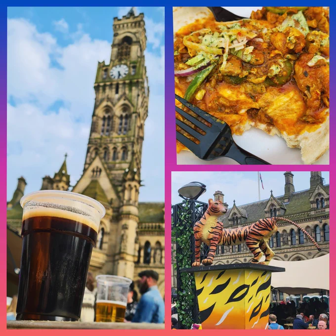 Trio of photos from Taste Bradford festival: pint of beer in front of Town Hall, plate of scrumptious chicken Lahori Karahi and big colourful sculpture of a tiger