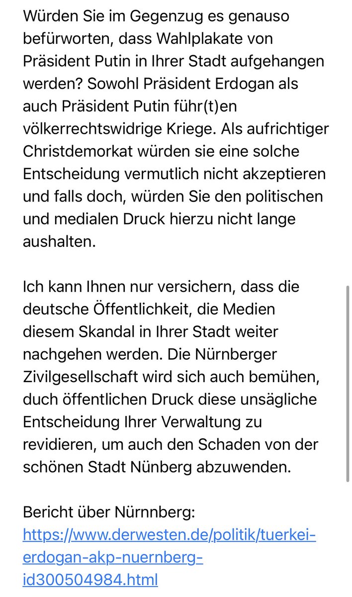 profcopur's tweet photo. Mein offener Brief an den Nürnberger OB ⁦@marcuskoenignbg⁩ angesichts der von seiner ⁦@nuernberg_de⁩ genehmigten AKP-Wahlkampfaktion
⁦@NancyFaeser⁩ ⁩@BozogluCemal⁩ ⁦⁦@erenguevercin⁩ ⁦@N_Aswad⁩ ⁦@LennartPfahler⁩ ⁦@erkanpehl⁩ https://t.co/d9MBQGwfK7