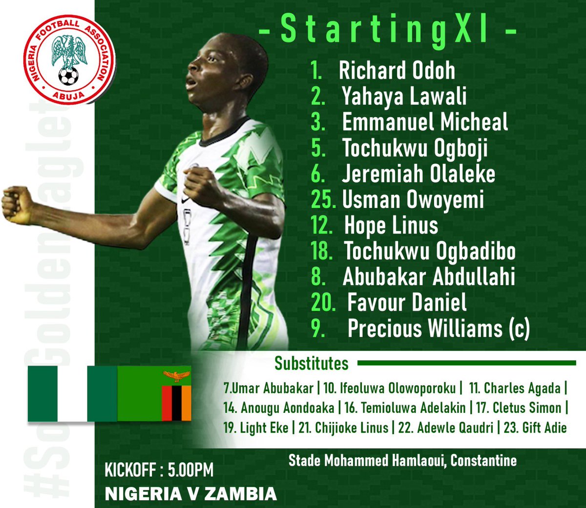 🚨How the Golden Eaglets line up vs Zambia for their #U17AFCON opener 

Kickoff is 5pm.