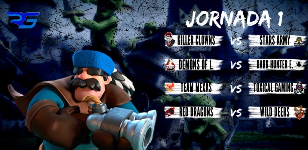 [#ClashRoyale] | #ArribaRL🔥 

Jornada 1|Grupo C

Atentos para ver quienes saldrán victoriosos en esta primera jornada!!

<a href="/ClownstmK/">Killer Clowns™</a> 🆚 <a href="/TEAMARG15/">⭐Star's Army⭐️</a> 

<a href="/DemonsOfLightGG/">ミ★ 𝘋𝘌𝘔𝘖𝘕𝘚 𝘖𝘍 𝘓𝘐𝘎𝘏𝘛 ★彡</a> 🆚 <a href="/DarkHuntersGG/">Dark Hunters Esports</a> 

<a href="/TeamMexas/">Team Mexas™🌠</a> 🆚 <a href="/ToxicalGamingGG/">👑𝕋𝕠𝕩𝕚𝕔𝕒𝕝 𝔾𝕒𝕞𝕚𝕟𝕘👑</a> 

<a href="/ReDragons01/">Red Dragons</a> 🆚 <a href="/Deers_eSports/">Wild Deers™🦌</a>