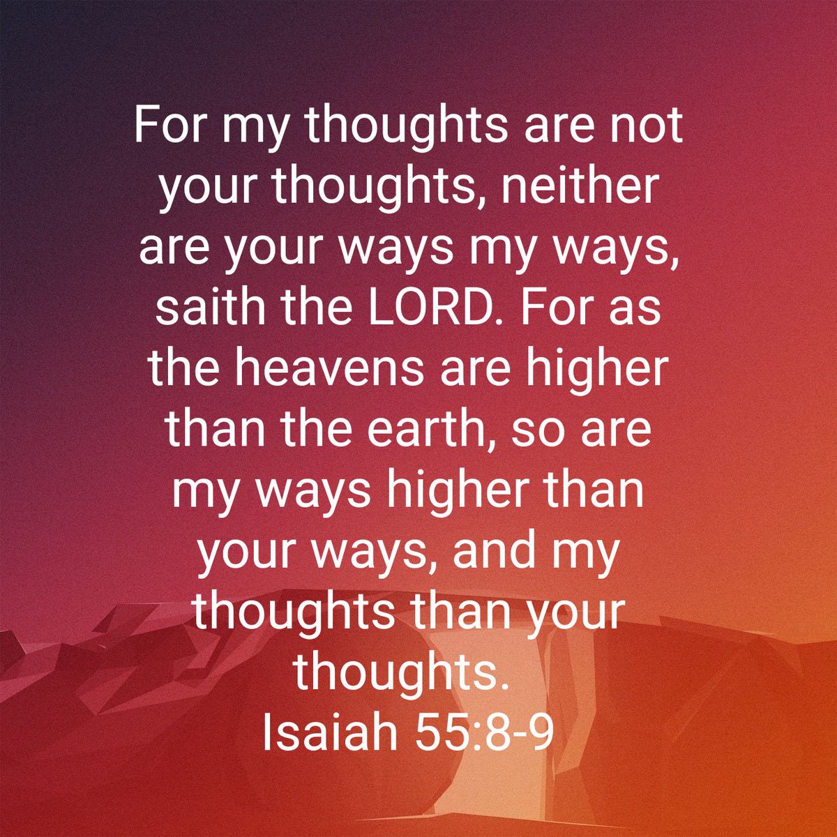 herrell_kelly's tweet photo. For my thoughts are not your thoughts, neither are your ways my ways, saith the LORD. For as the heavens are higher than the earth, so are my ways higher than your ways, and my thoughts than your thoughts.
Isaiah 55:8-9 KJV

https://t.co/KBXfXxXYiN https://t.co/CJKNXr6TZS