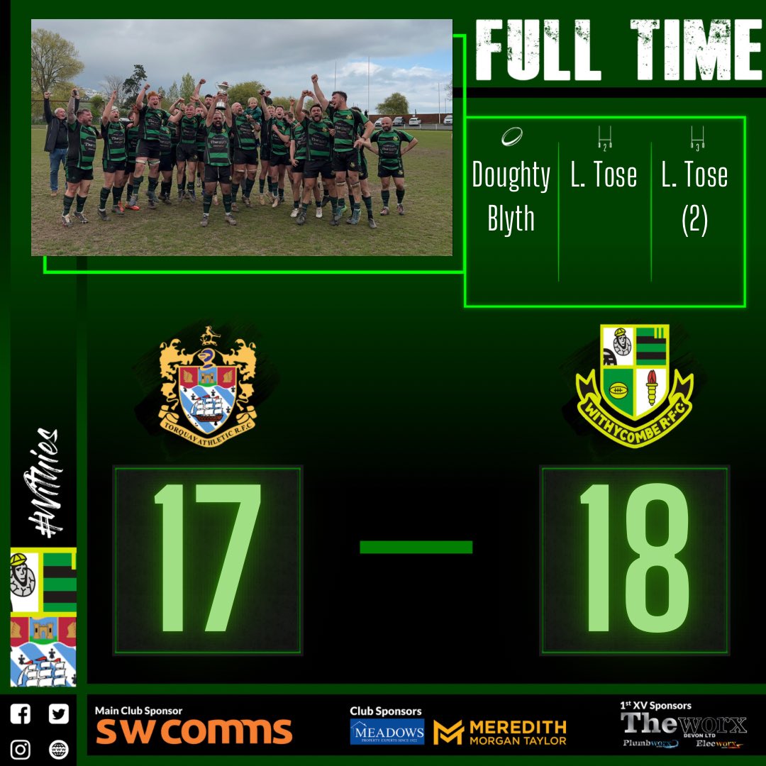 Devon Junior Cup - 𝘾𝙃𝘼𝙈𝙋𝙄𝙊𝙉𝙎!
We’ve done it as Lewis Tose’s 80th minute penalty deals the win for Withy in the closest of games!

Thank you to @TorquayRFC for a great game, well played 🤝

#Withies #UpTheWithy #GreenAndBlack #DevonRugby #CupFinal #UTW

@swsportsnews