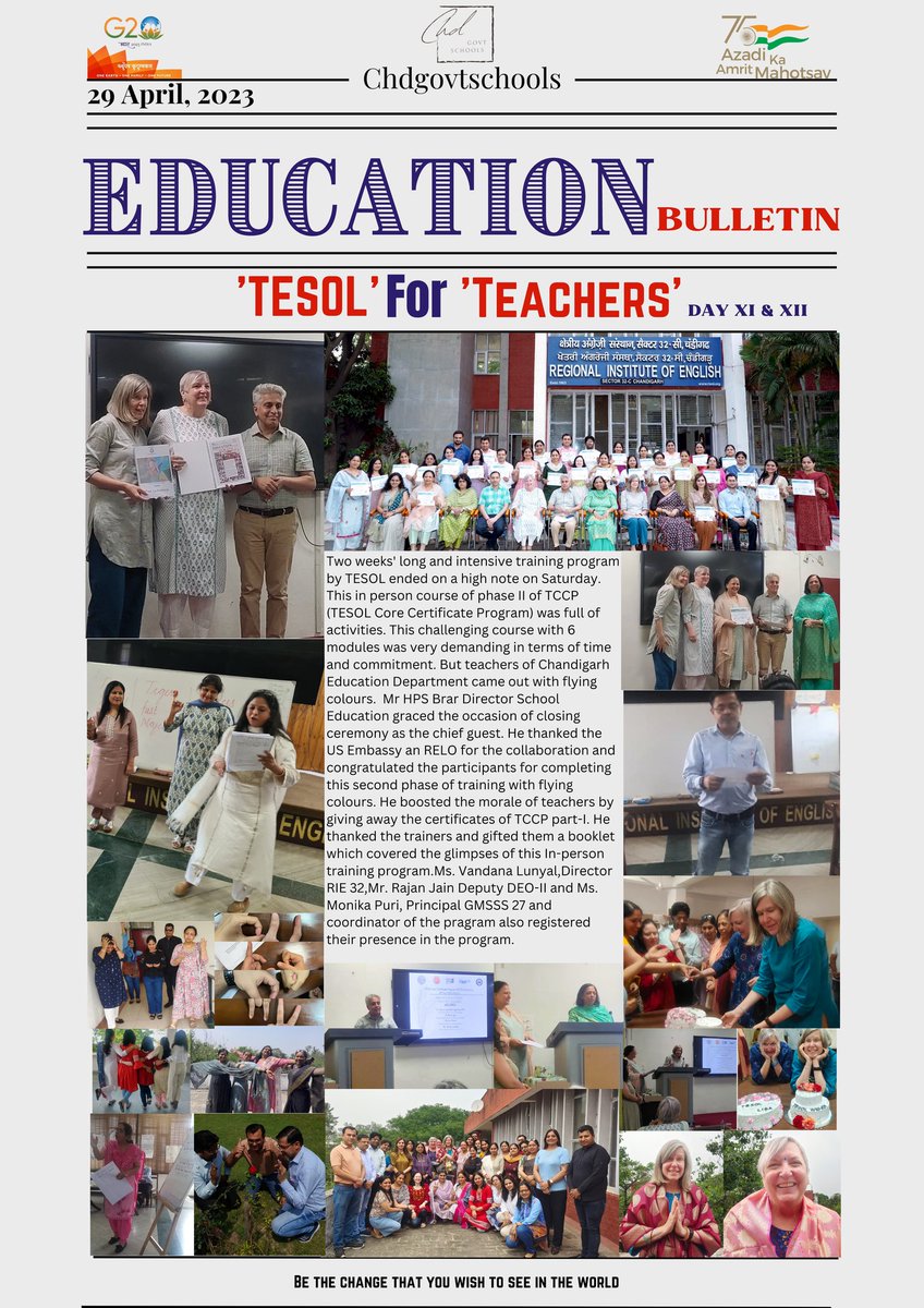 SchoolEduChd's tweet photo. TESOL Phase II ends on a high note. @HPSBRAR
graced the occasion as a chief guest. The Director
 @RieChandigarh, Sh. Rajan Jain Deputy DEO, Ms. Monika Puri, Principal @GMSSS27 were also present. Certificates of Phase 1 were also distributed.
Thank you
@USAndIndia
@TESOL_Assn https://t.co/C25AerOiAT