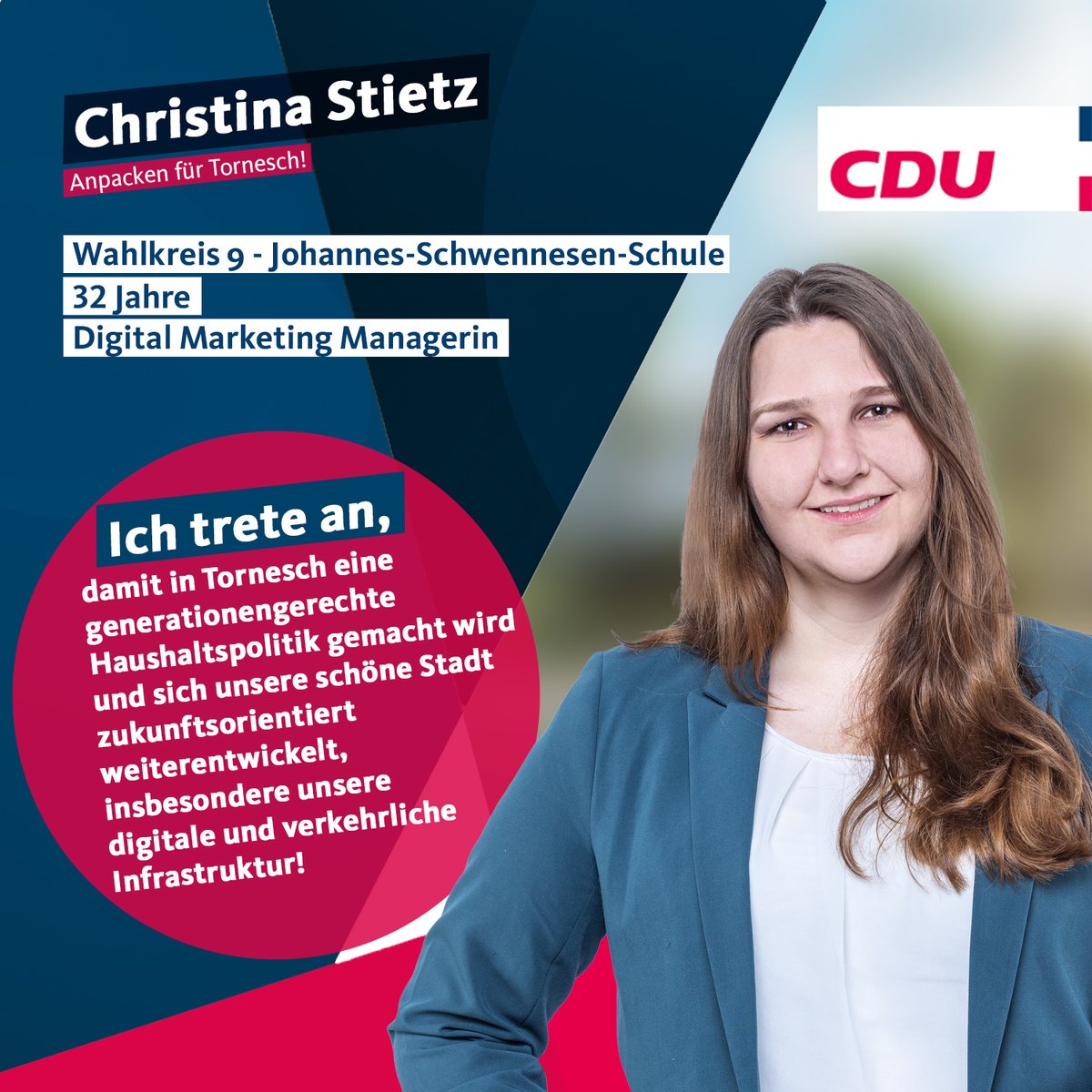 CDUTornesch's tweet photo. Für den Wahlkreis 9 tritt Christina Stietz an
https://t.co/ytvRro8K1s
#anpackenfürtornesch #tornesch #anpacken https://t.co/KEJ7dzktZr