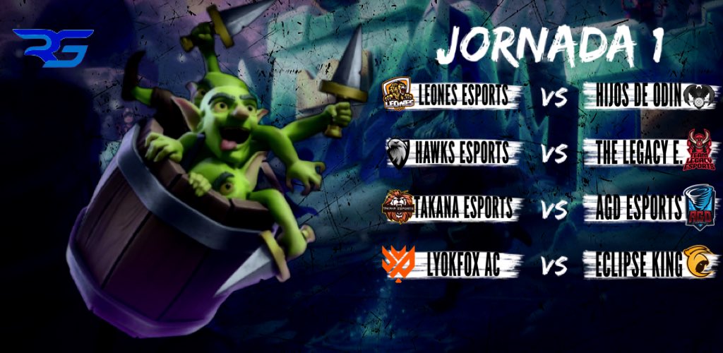 [#ClashRoyale] | #ArribaRL🔥 

Jornada 1|Grupo D

Lleno de fuertes equipos lucharán hasta el final para posicionarse en la cima.

<a href="/EsportsLeonesCR/">Leones eSports</a> 🆚 <a href="/Hijos_de_Odiin/">Hijos De Odín</a> 

<a href="/HawksSportss/">Hawks Sports 🦅</a> 🆚 @THELEGACYESP 

<a href="/EsportsTakana/">Takana Esports</a> 🆚 <a href="/AGD_eSports/">𝘈𝘎𝘋 𝘦𝘚𝘱𝘰𝘳𝘵𝘴 🌪️</a> 

@LyokfoxCR 🆚 <a href="/1Eclipse_king/">Eclipse King</a>