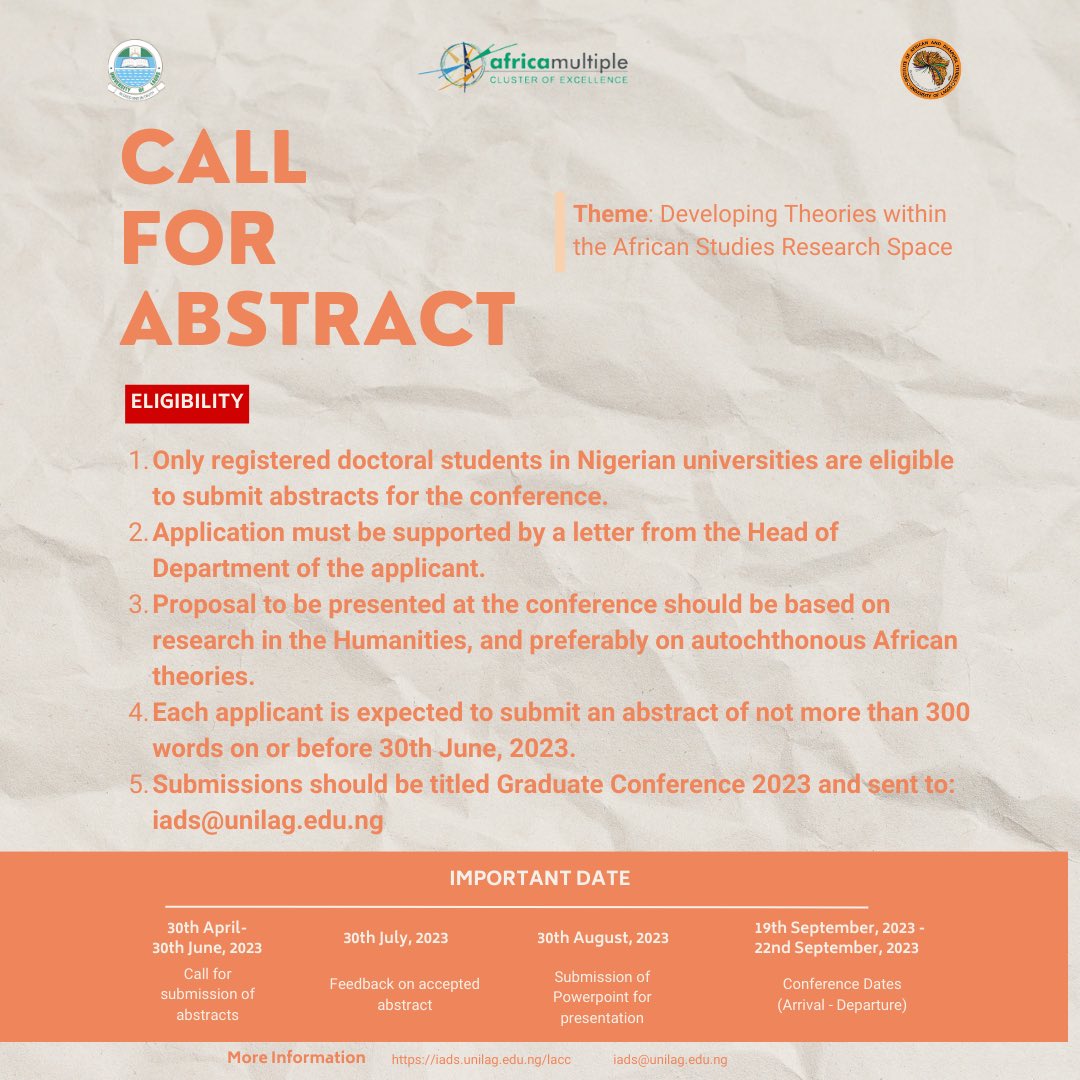 The Institute of African and Diapora Studies (@iads_ng) on Twitter photo CALL FOR ABSTRACT
This is your chance to showcase your research and contribute to the important conversations surrounding spatialities
Abstract submissions are open until June 30th. For more info, visit bit.ly/44euqDU
<a href="/OpportunityDesk/">opportunitydesk.org</a>
#IADS
#LACC
#UNILAG CALL FOR ABSTRACT
This is your chance to showcase your research and contribute to the important conversations surrounding spatialities
Abstract submissions are open until June 30th. For more info, visit bit.ly/44euqDU
<a href="/OpportunityDesk/">opportunitydesk.org</a>
#IADS
#LACC
#UNILAG