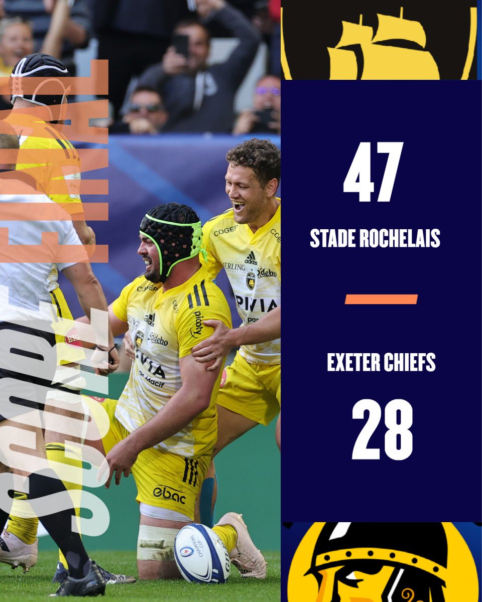 ChampionsCup_FR's tweet photo. Le @staderochelais s'impose avec la manière!! 💛🖤

Les Champions en titre nous ont offert un vérital récital dans leur jardin bordelais!! 🏉🍷

Un score fleuve, record en #ChampionsCup 🌊🌊 https://t.co/ztiMOkHcNr