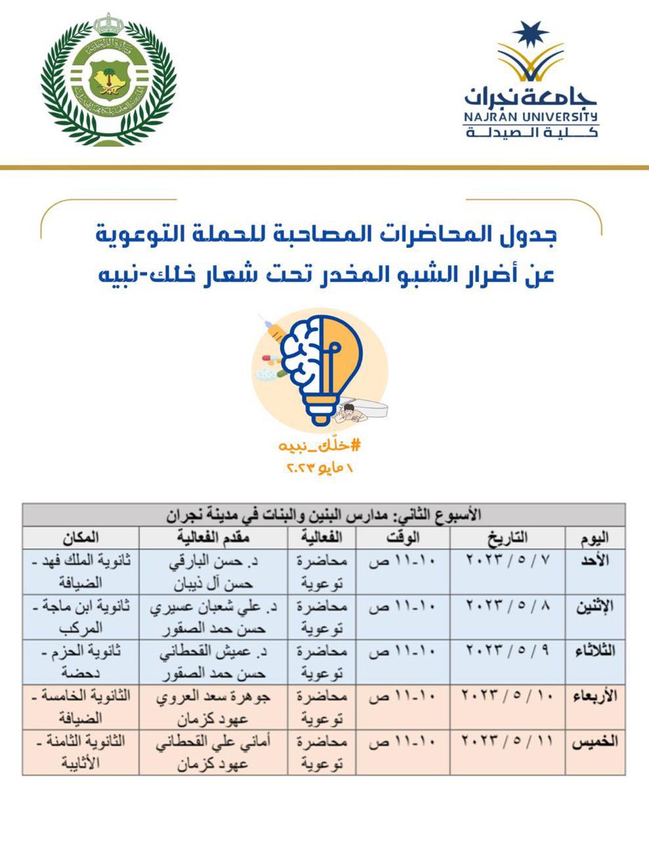 #كلية_الصيدلة جدول المحاضرات المصاحبة للحملة التوعوية عن أضرار الشبو تحت شعار #خلك_نبيه في كليات #جامعة_نجران وبعض مدارس المنطقة