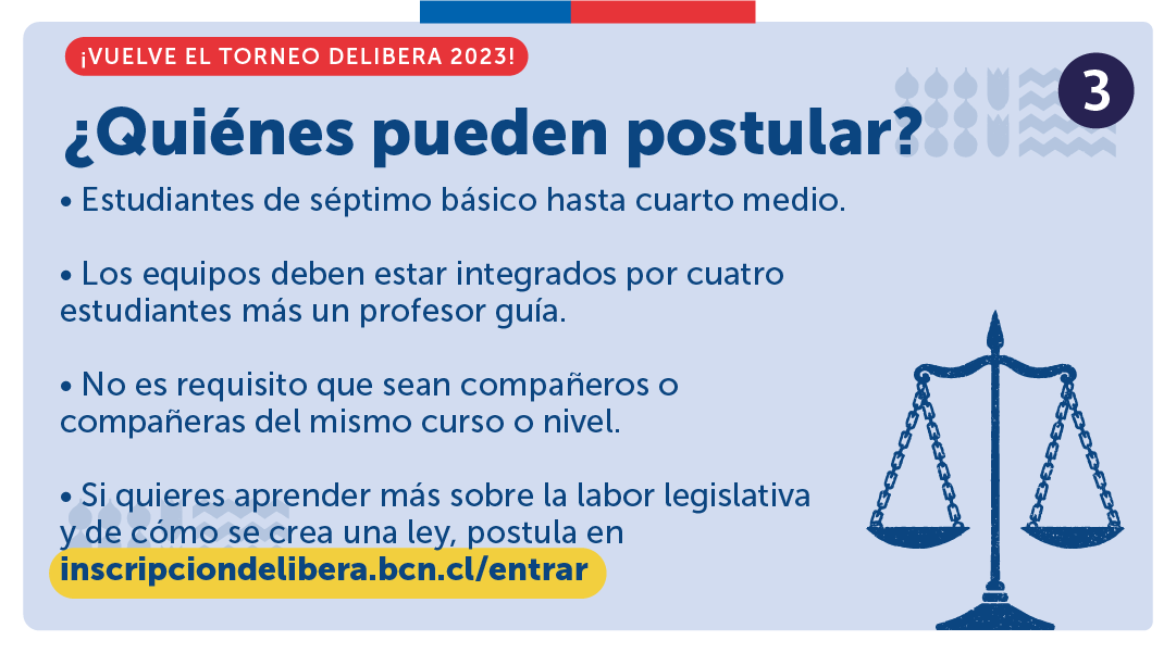 Mineduc's tweet photo. ¡Inscríbete! ✏️ Más de 14.500 estudiantes han participado del Torneo Delibera 2023, una instancia de formación ciudadana en la que, a través de la creación de una Iniciativa de ley, se buscan soluciones a problemáticas que afecten al país o a su región 👉https://t.co/iygm4Ps5JF https://t.co/R5U9JlEs6a