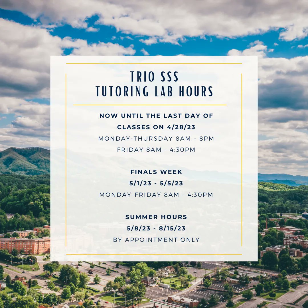 The lab will be open Mon-Fri during finals week (5/1 - 5/5) from 8am-4:30pm. Starting the following Mon (5/8) and throughout the summer, the lab will be available to students by appointment only
If you need to schedule an appointment reach out to the main office at (423)439-5396