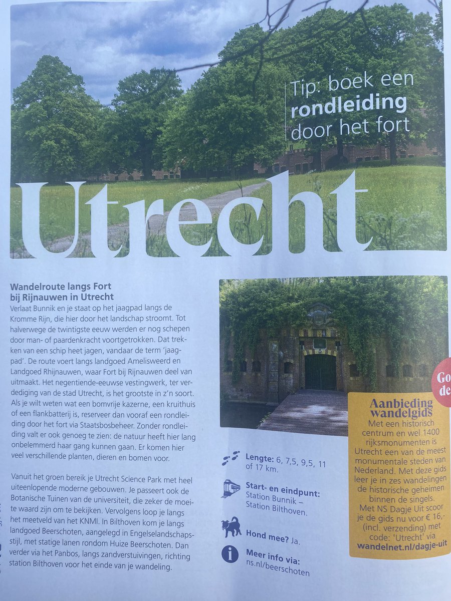 In nieuwste “ NS Dagje Uit” (april 2023 van <a href="/NS_online/">NS online</a> aandacht voor de NS-wandeling <a href="/Beerschoten_NS/">NSwandel Beerschoten</a> van Bunnik naar Bilthoven. Zie ook ns.nl/dagje-uit/wand… of wandelnet.nl/wandelroute/67….
<a href="/wandelnet/">Wandelnet</a>