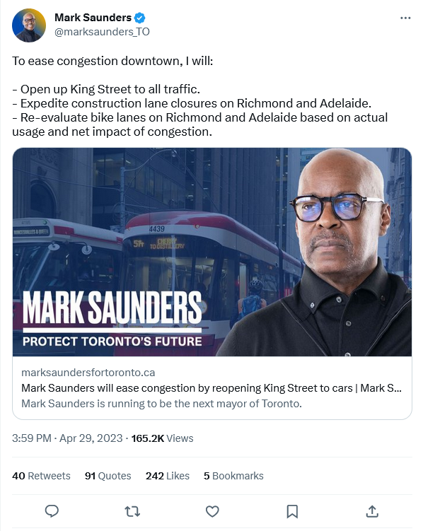KevinRupasinghe's tweet photo. Such nonsense.

On Adelaide:
-cycling increased ELEVEN-FOLD
-at rush hour 1 of every 3 vehicles is a bike
-cars traveled up to 1.5 min FASTER than pre-bike lane

On King:
-daily streetcar ridership grew from 72,000 to 84,000 -cars travel about 1 min slower to 1 min faster

[1/3] https://t.co/BOadDq6CIZ