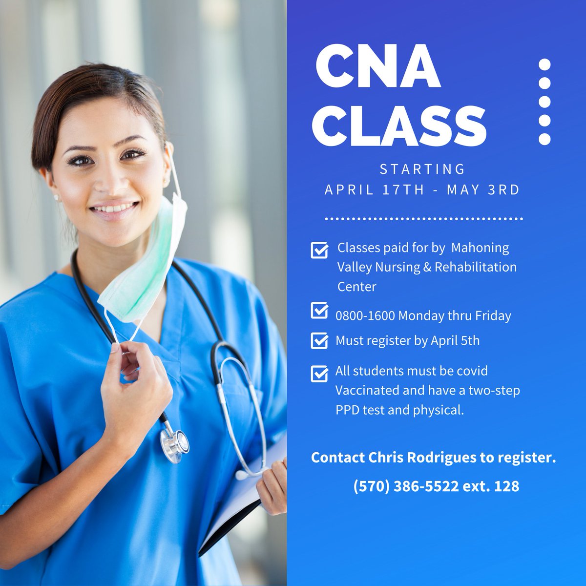 MVNRCnursing's tweet image. Looking to kick-start your healthcare career? Join the upcoming CNA class at Mahoning Valley Nursing and Rehabilitation from April 17th to May 3rd! Apply now! #MVNRC #CNAClass #HealthcareTraining mvnrc.org/cna-classes-ne…
