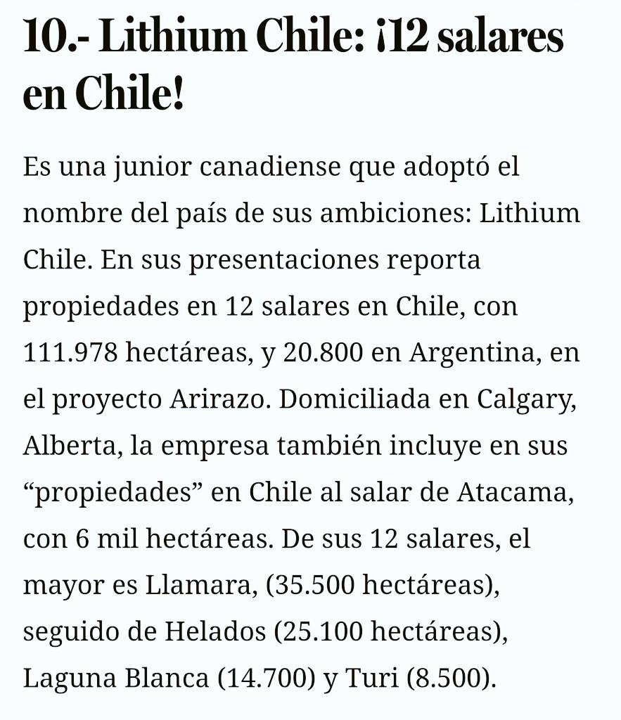 Empresas extranjeras declaran tener propiedad de #salares para exploración/explotación de #litio
Llamará 
Turi
Agua Amarga
Las Parinas
Grande
Aguilar
Piedra Parada
Maricunga
Laguna Helada
Laguna Verde
Laguna Blanca
y más...