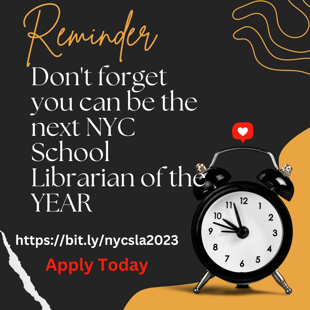 Nominate yourself or a beloved colleague for NYC School Librarian of the Year! DEADLINE EXTENDED to MAY 26TH! bit.ly/nycsla2023