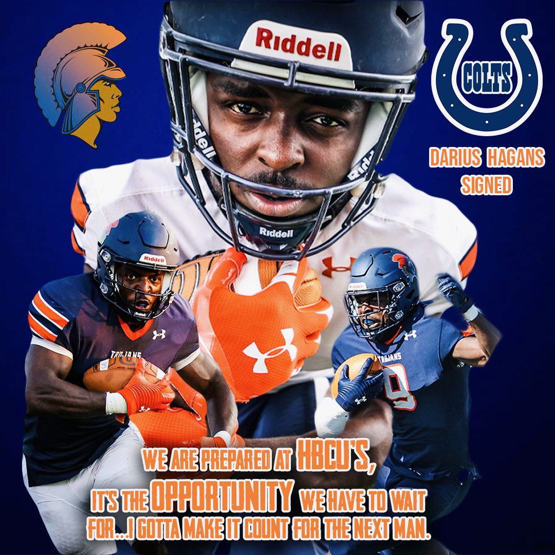 VSUsports's tweet photo. Darius Hagans has signed with the @Colts. Hagans recorded 1,012 rushing yards this season for the Trojans with a game high of 261 yds. #GreaterHappensHere #TrojanTakeover https://t.co/ZhNQLFofTb