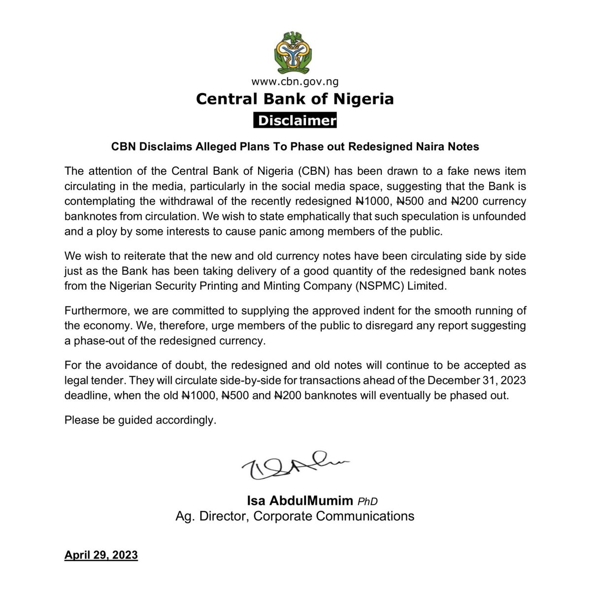 cenbank's tweet photo. DISCLAIMER: CBN Disclaims Alleged Plans To Phase out Redesigned Naira Notes. https://t.co/hjZXpP34Jq