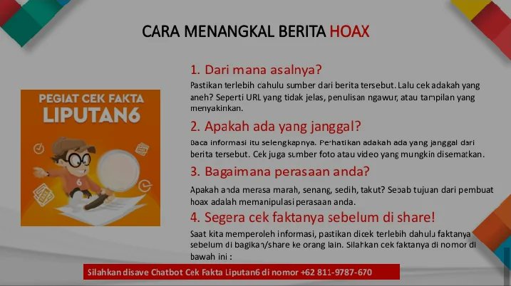 kangsoniverse's tweet photo. Hoax adalah berita bohong yang sangat meresahkan masyarakat. Oleh karena itu, Islam mengajarkan  ummatnya untuk senantiasa bertabayyun yaitu mencari  kebenaran atau fakta informasi dari sumbernya.

#antihoax
#generasiantihoax
#pegiatcekfakta
#liputan6 https://t.co/0DzyNrh3gI