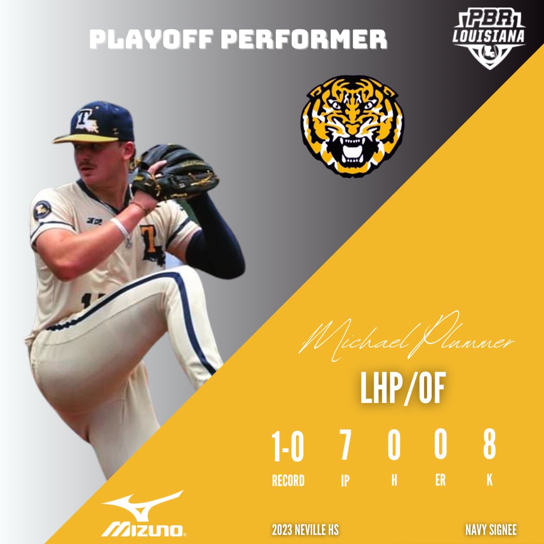 PrepBaseballLA's tweet photo. ⭐️ Playoff Performer ⭐️

2023 LHP/OF Michael Plummer (Neville HS)

The @NavyBaseball recruit tossed a CG no-hitter in GM3 vs. Haughton to help the Tigers advance to the quarterfinals of the @LHSAAsports Non-Select DI playoffs.  #BeSeen

@prepbaseball 

👤 https://t.co/dKaSqWQA7p https://t.co/niTZrV7mHv